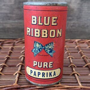 Vintage Blue Ribbon Pure Paprika Spice Can Tin Red Canada Paper Label Cylinder
